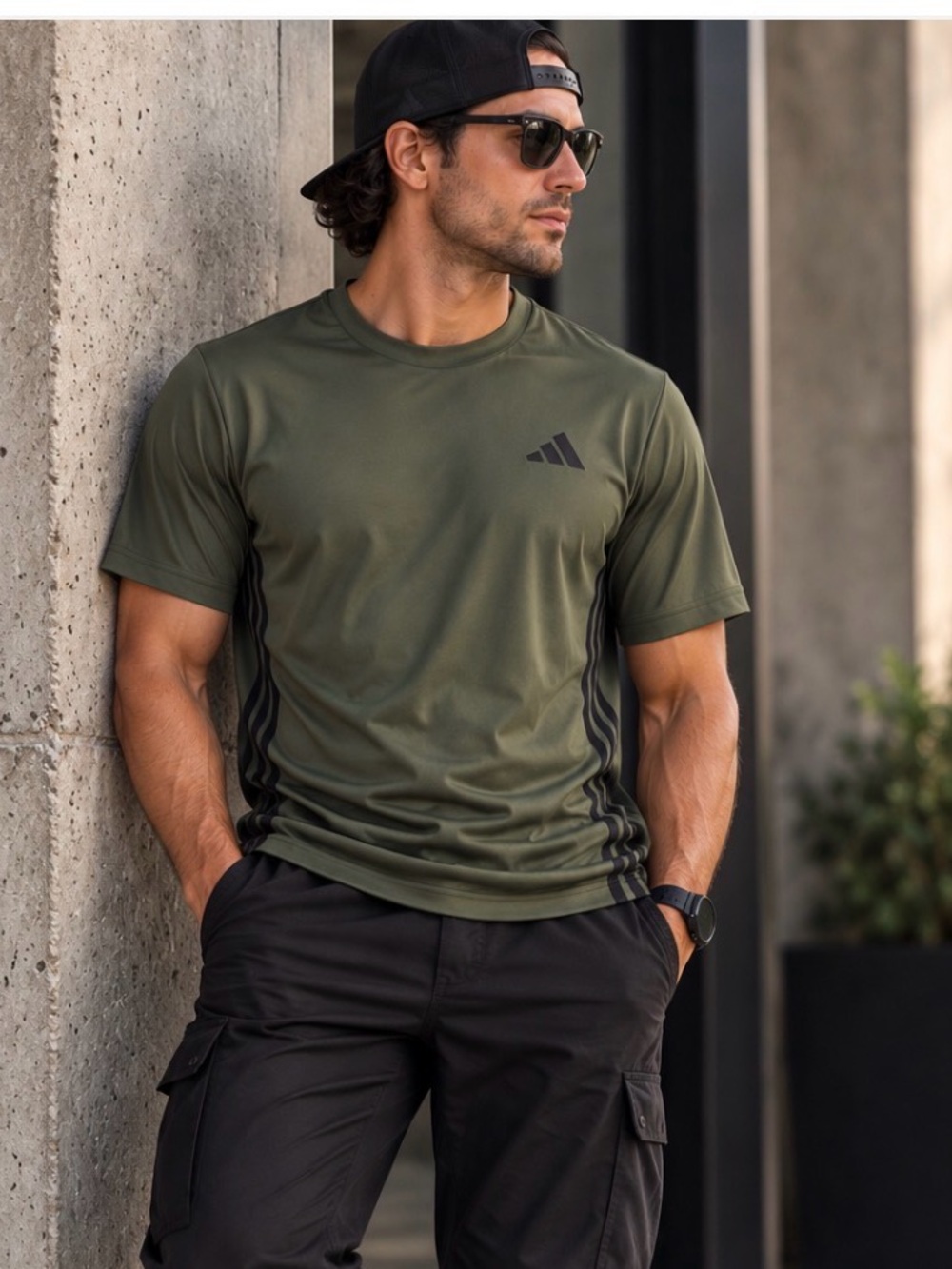 Adidas Training 3-Stripes Tee Men’s M Night Cargo Olive Black NWT